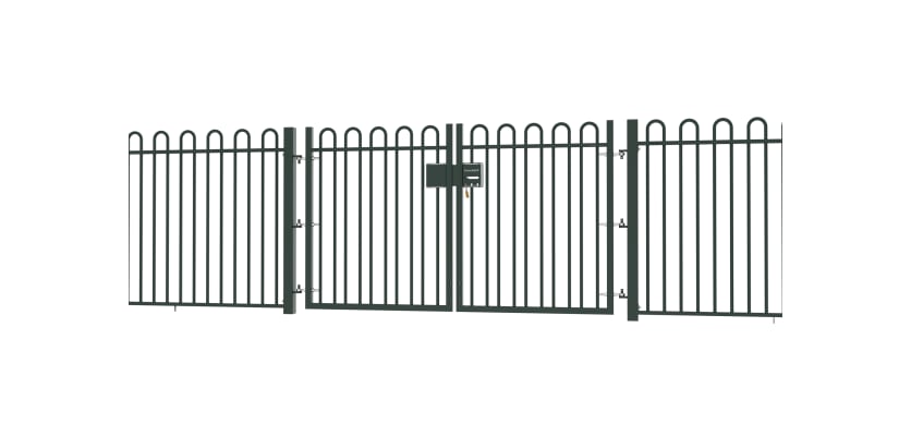 EnviroRail® Bow Top Railing Double Leaf Gate installed in row of railings 