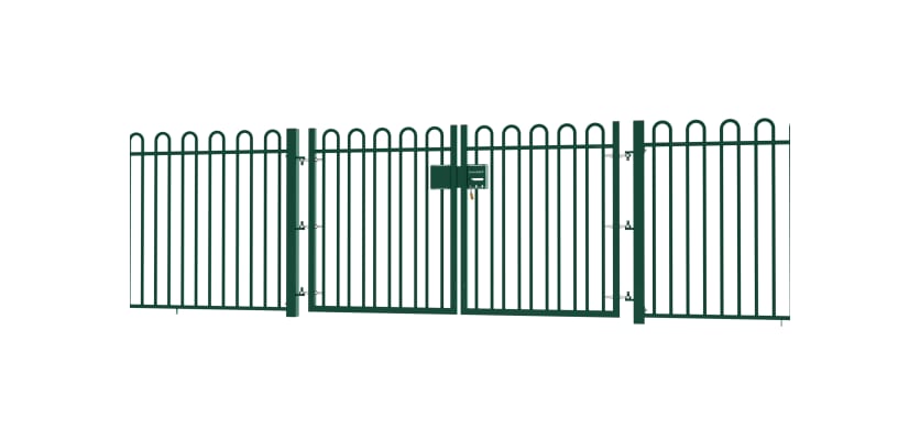 A Green EnviroRail® Bow Top Railing Double Leaf Gate installed in row of railings