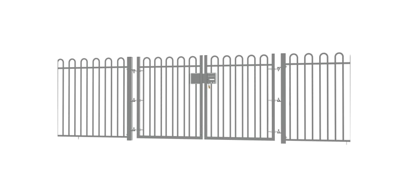 A Grey EnviroRail® Bow Top Railing Double Leaf Gate installed in row of railings