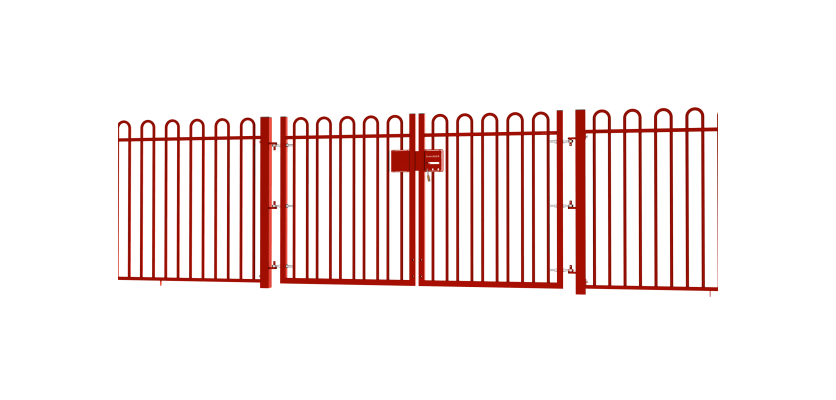 A Red EnviroRail® Bow Top Railing Double Leaf Gate installed in row of railings