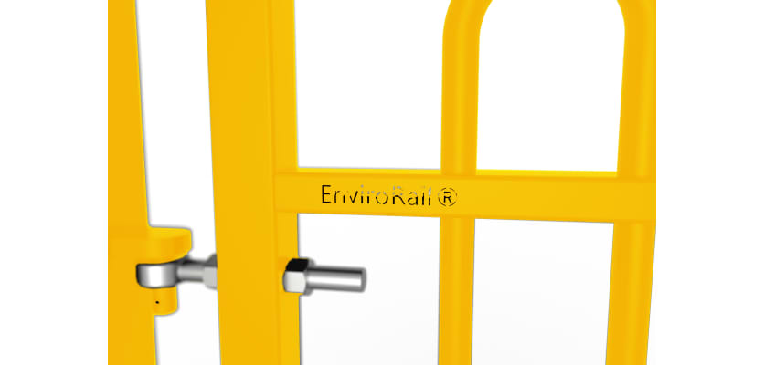 Close up of the EnviroRail® branding on gate - Yellow Finish