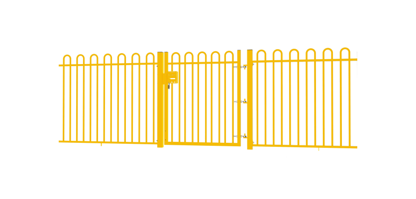 A Yellow EnviroRail® Bow Top Railing Gate installed in row of railings 