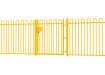 A Yellow EnviroRail® Bow Top Railing Gate installed in row of railings 