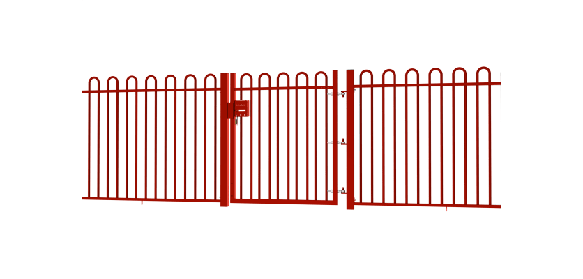 A Red EnviroRail® Bow Top Railing Gate installed in row of railings 