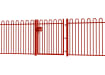 A Red EnviroRail® Bow Top Railing Gate installed in row of railings 