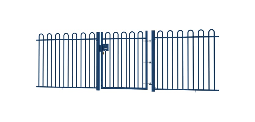 A Blue EnviroRail® Bow Top Railing Gate installed in row of railings 