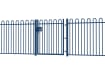 A Blue EnviroRail® Bow Top Railing Gate installed in row of railings 