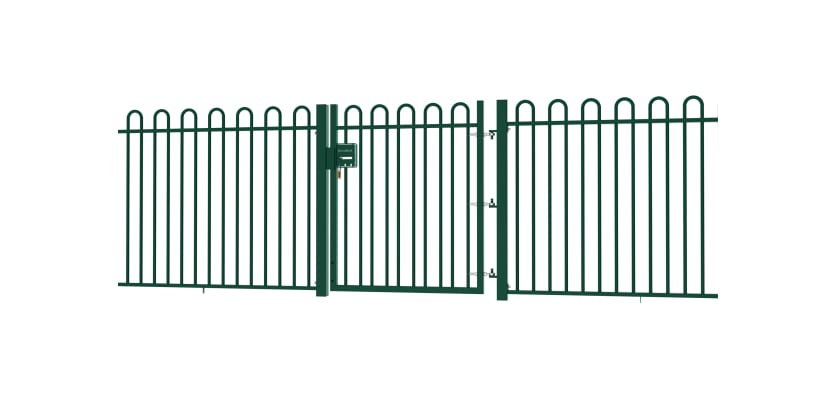 A Green EnviroRail® Bow Top Railing Gate installed in row of railings 