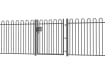 A Grey EnviroRail® Bow Top Railing Gate installed in row of railings 