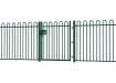 A Green EnviroRail® Bow Top Railing Gate installed in row of railings 