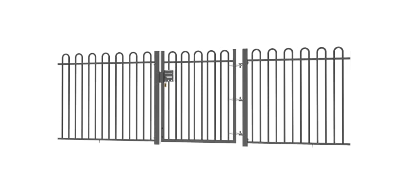 A Grey EnviroRail® Bow Top Railing Gate installed in row of railings 