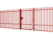 A Red EnviroRail® Bow Top Railing Gate installed in row of railings