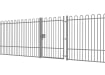 A Grey EnviroRail® Bow Top Railing Gate installed in row of railings
