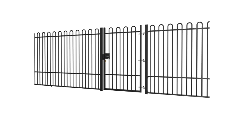 EnviroRail® Bow Top Railing Gate installed in row of railings 