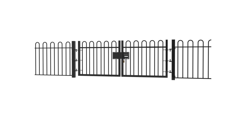 EnviroRail® Bow Top Railing Double Leaf Gate installed in row of railings 