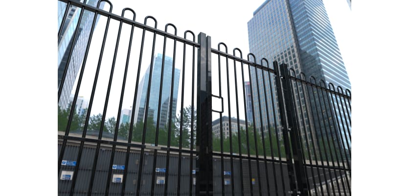 EnviroRail® Bow Top Railing Gate in Black installed outside a city office 