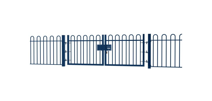 A Blue EnviroRail® Bow Top Railing Double Leaf Gate installed in row of railings