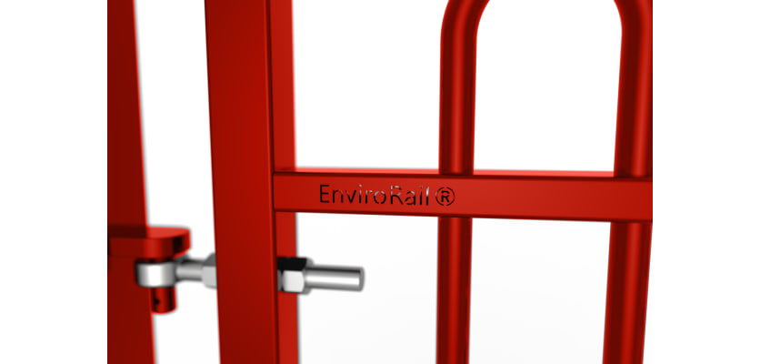Close up of the EnviroRail® branding on gate - Red Finish