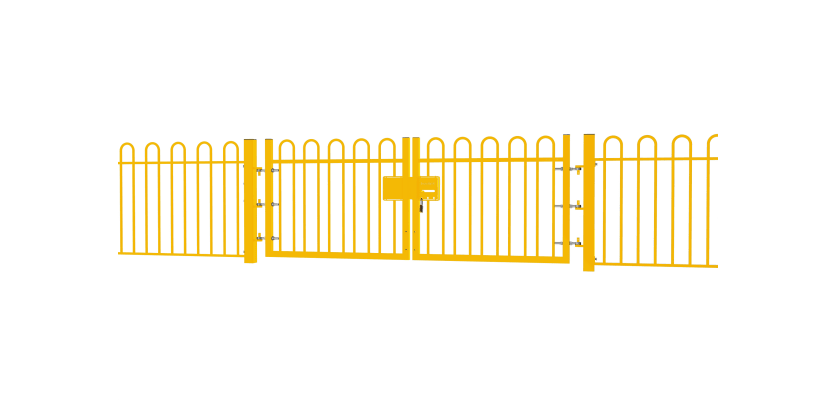 A Yellow EnviroRail® Bow Top Railing Double Leaf Gate installed in row of railings