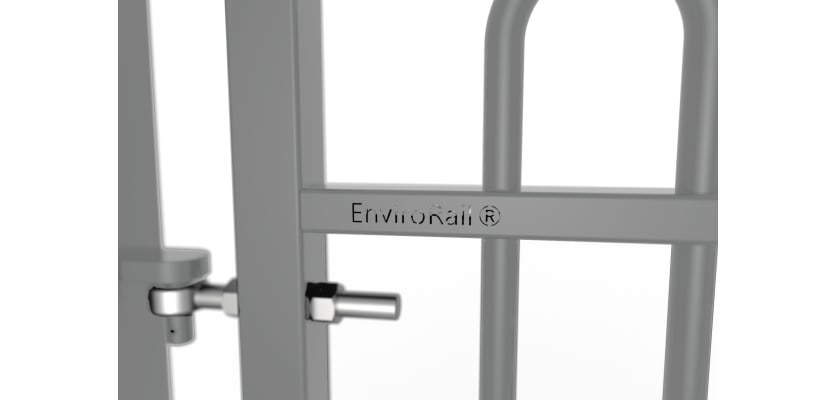 Close up of the EnviroRail® branding on gate - Grey Finish