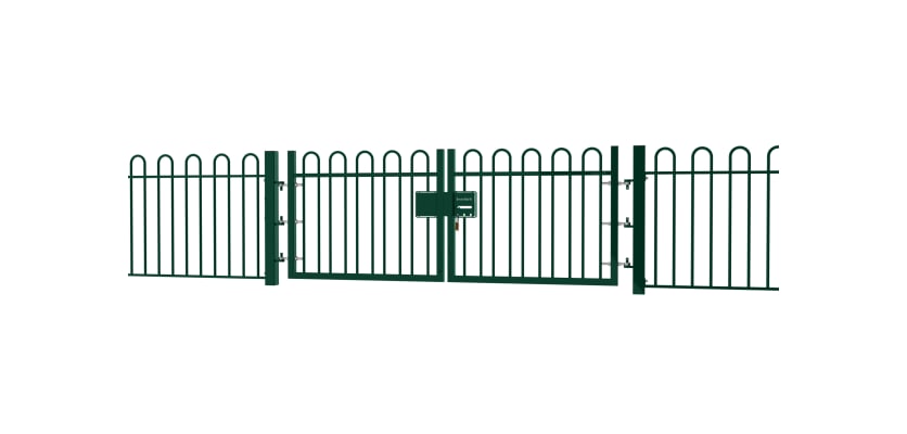 A Green EnviroRail® Bow Top Railing Double Leaf Gate installed in row of railings
