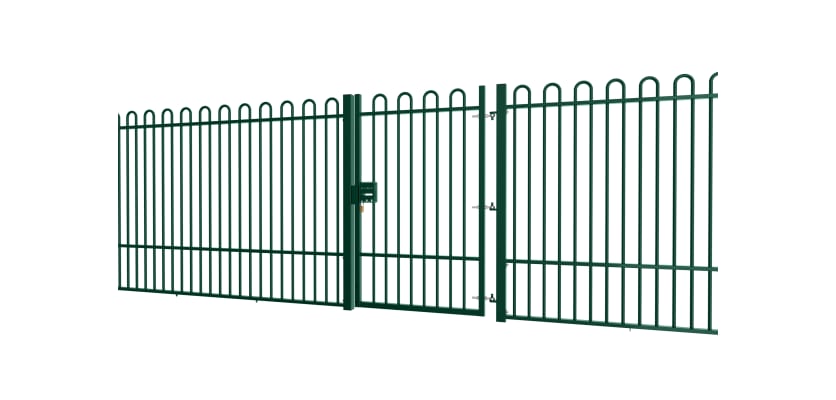 A Green EnviroRail® Bow Top Railing Gate installed in row of railings 
