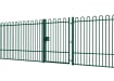 A Green EnviroRail® Bow Top Railing Gate installed in row of railings 
