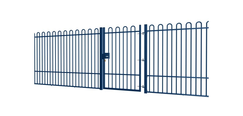 A Blue EnviroRail® Bow Top Railing Gate installed in row of railings 