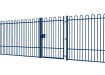 A Blue EnviroRail® Bow Top Railing Gate installed in row of railings 