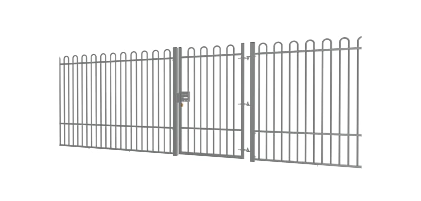 A Grey EnviroRail® Bow Top Railing Gate installed in row of railings 
