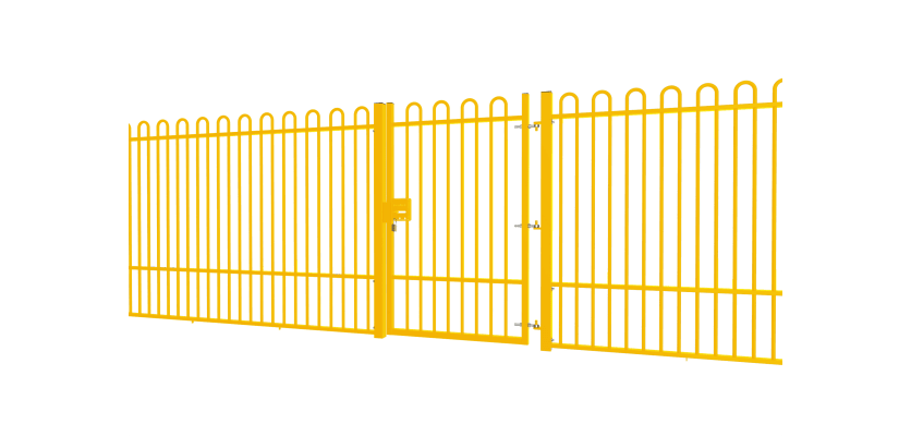 A Yellow EnviroRail® Bow Top Railing Gate installed in row of railings 