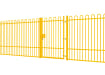 A Yellow EnviroRail® Bow Top Railing Gate installed in row of railings 