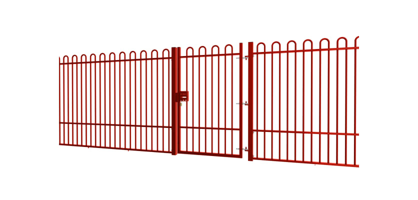 A Red EnviroRail® Bow Top Railing Gate installed in row of railings 