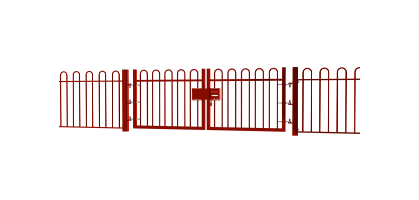 A Red EnviroRail® Bow Top Railing Double Leaf Gate installed in row of railings 