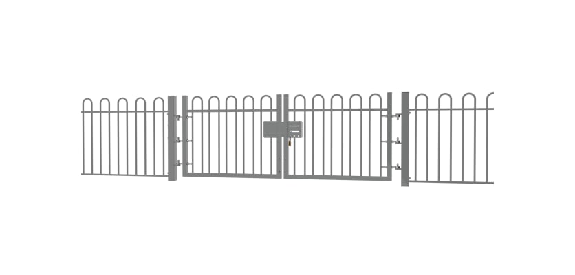 A Grey EnviroRail® Bow Top Railing Double Leaf Gate installed in row of railings 