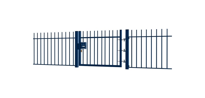 A Blue EnviroRail® Vertical Bar Railing Gate installed in row of railings