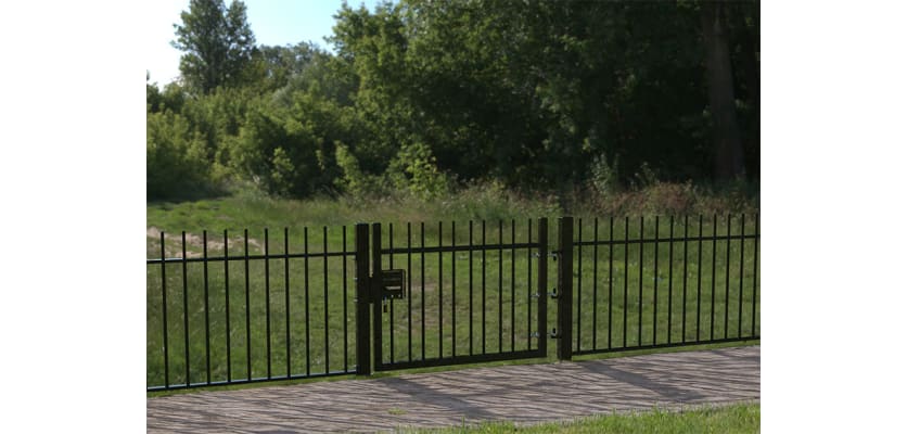 EnviroRail® Black Vertical Bar Single Leaf Gate Kit installed in field