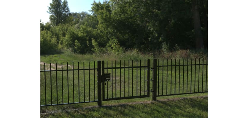 EnviroRail® Black Vertical Bar Single Leaf Gate Kit installed in field