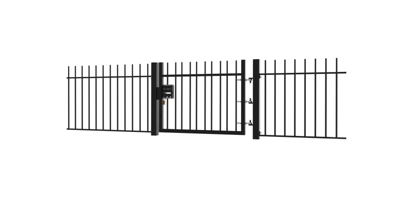 EnviroRail® Vertical Bar Railing Gate installed in row of railings