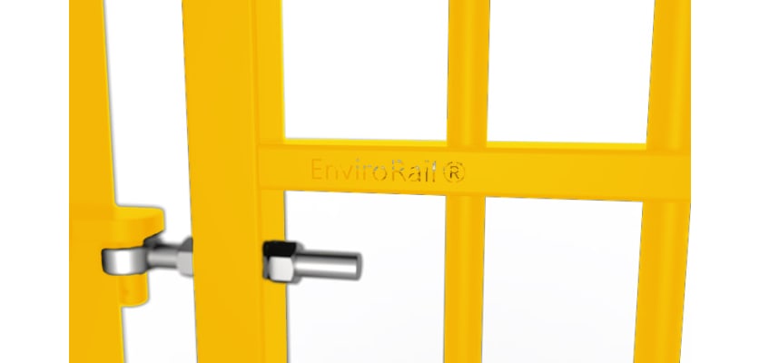 Close up of the EnviroRail® hinge and gate - Yellow Finish
