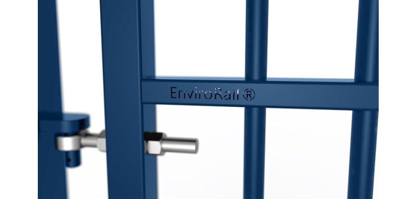 Close up of the EnviroRail® hinge and gate - Blue Finish