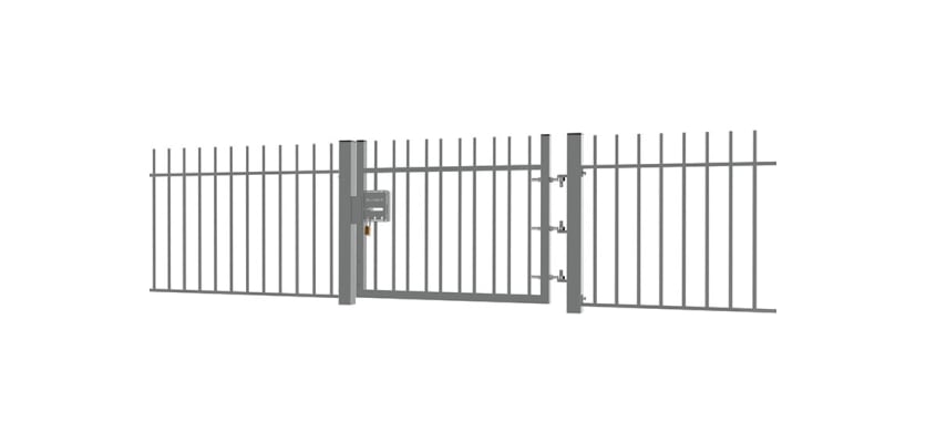 A Grey EnviroRail® Vertical Bar Railing Gate installed in row of railings
