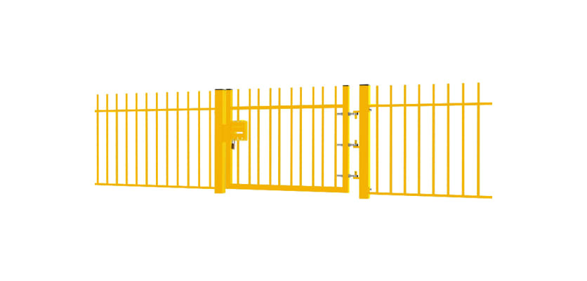 A Yellow EnviroRail® Vertical Bar Railing Gate installed in row of railings