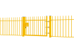 A Yellow EnviroRail® Vertical Bar Railing Gate installed in row of railings