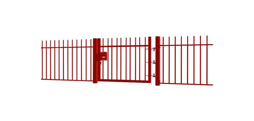 A Red EnviroRail® Vertical Bar Railing Gate installed in row of railings
