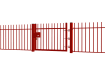 A Red EnviroRail® Vertical Bar Railing Gate installed in row of railings