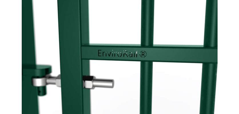 Close up of the EnviroRail® hinge and gate - Green Finish