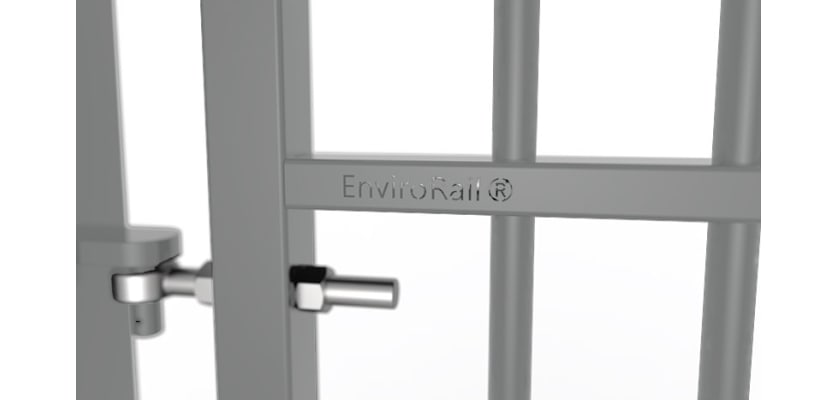 Close up of the EnviroRail® hinge and gate - Grey Finish