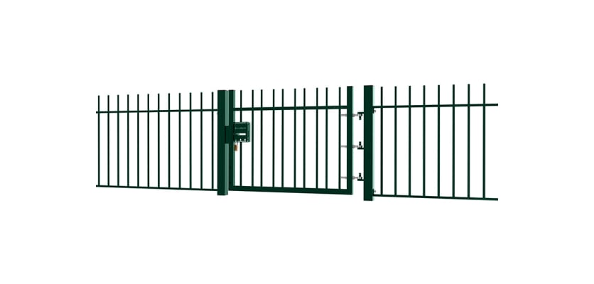 A Green EnviroRail® Vertical Bar Railing Gate installed in row of railings