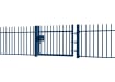 A Blue EnviroRail® Vertical Bar Railing Gate installed in row of railings